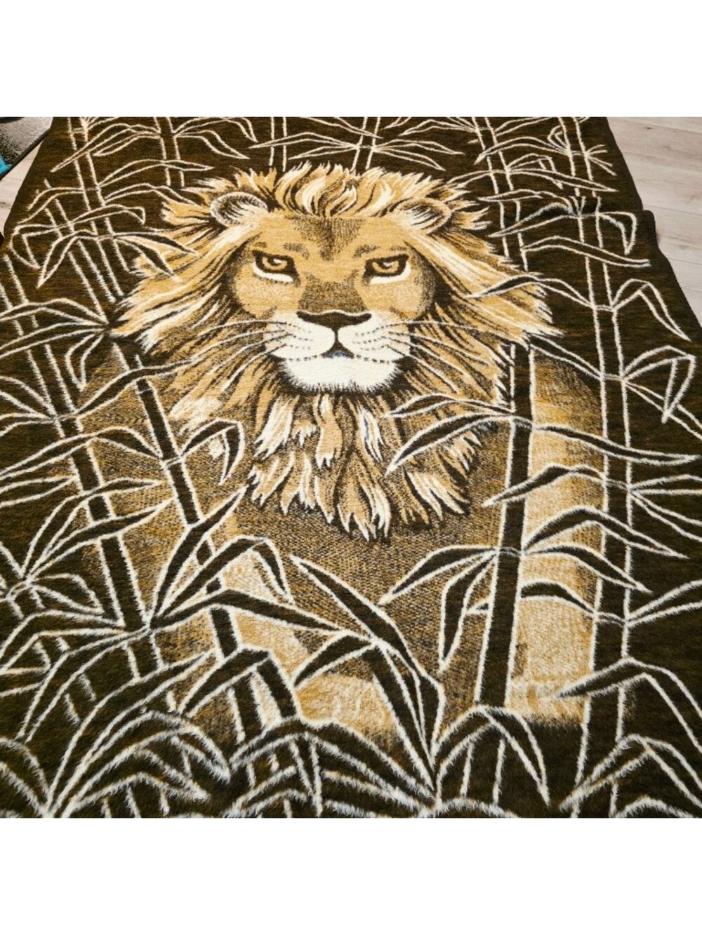 Vtg Biederlack Reversible Lion Blanket Jungle Safari USA Made 69 x 55